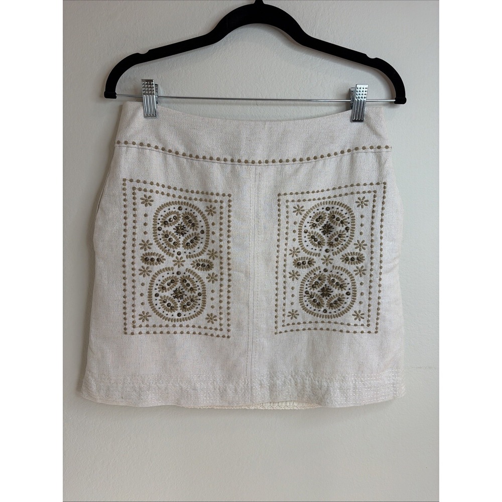 Anthropologie Cream Mini Skirt with Gold Embroidery
